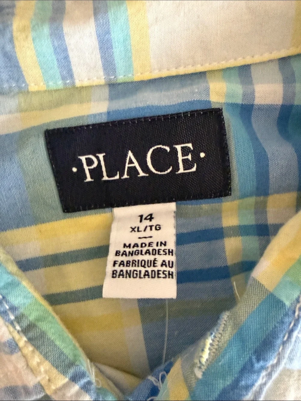 The Children's Place Light Blue and Yellow Plaid Button-Down Shirt, 14 NWT